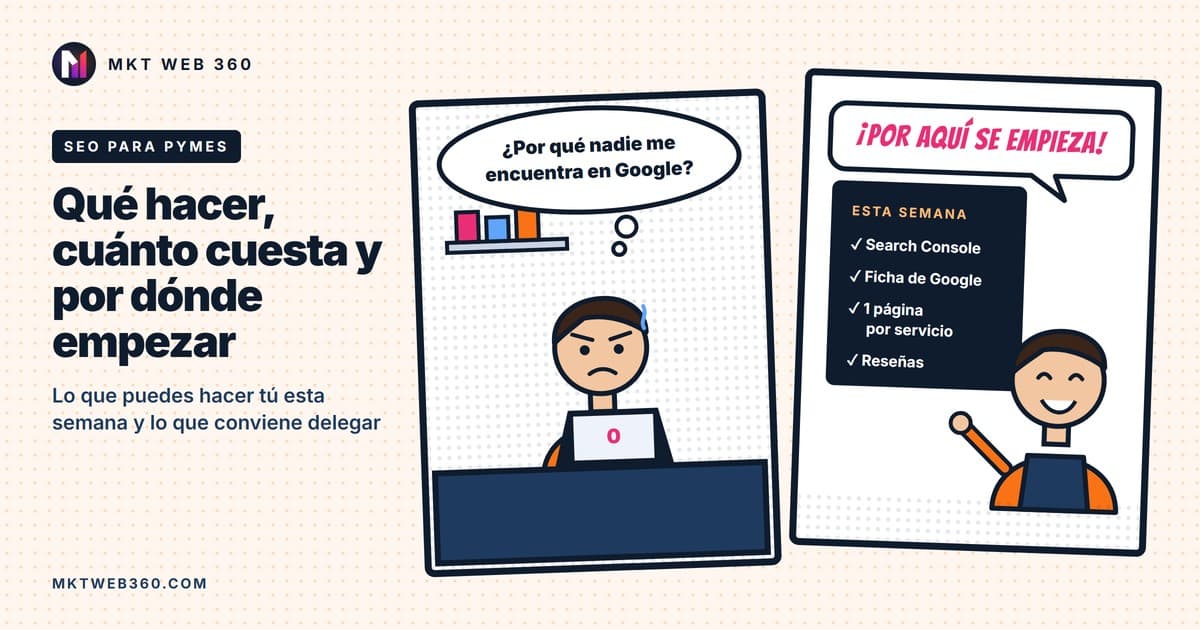 Viñeta: una comerciante se pregunta por qué nadie la encuentra en Google y después señala su lista de tareas SEO de la semana