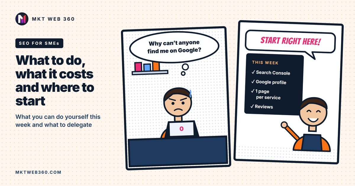 Comic strip: a shop owner wonders why nobody finds them on Google, then points to their SEO to-do list for the week